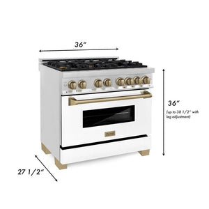 ZLINE - Autograph Edition 36 in. 4.6 cu. ft. Legacy Dual Fuel Range with 6 Burner Gas Cooktop and Electric Convection Oven in Stainless Steel with White Matte Door and Champagne Bronze Accents