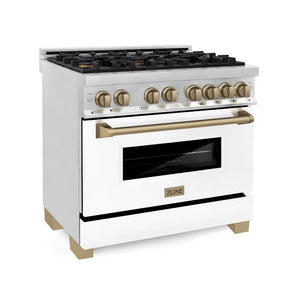 ZLINE - Autograph Edition 36 in. 4.6 cu. ft. Legacy Dual Fuel Range with 6 Burner Gas Cooktop and Electric Convection Oven in Stainless Steel with White Matte Door and Champagne Bronze Accents