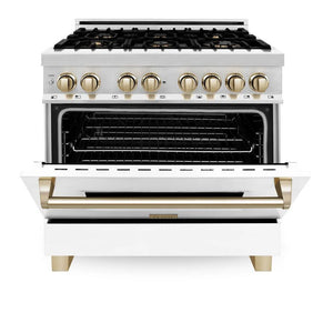 ZLINE - Autograph Edition 36 in. 4.6 cu. ft. Legacy Dual Fuel Range with 6 Burner Gas Cooktop and Electric Convection Oven in Stainless Steel with White Matte Door and Polished Gold Accents