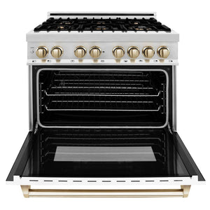 ZLINE - Autograph Edition 36 in. 4.6 cu. ft. Legacy Dual Fuel Range with 6 Burner Gas Cooktop and Electric Convection Oven in Stainless Steel with White Matte Door and Polished Gold Accents