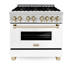 ZLINE - Autograph Edition 36 in. 4.6 cu. ft. Legacy Dual Fuel Range with 6 Burner Gas Cooktop and Electric Convection Oven in Stainless Steel with White Matte Door and Polished Gold Accents