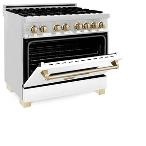 ZLINE - 36" Autograph Edition Kitchen Package with Stainless Steel Dual Fuel Range with White Matte Door, Range Hood and Dishwasher with Polished Gold Accents