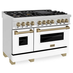 ZLINE - Autograph Edition 48 in. 6.0 cu. ft. Legacy Dual Fuel Range with 7 Burner Gas Cooktop and 2 Electric Ovens in Stainless Steel with White Matte Doors and Champagne Bronze Accents