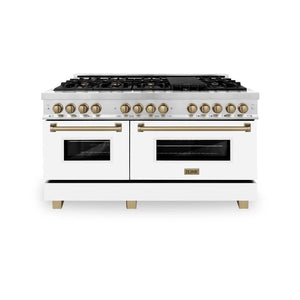 ZLINE - Autograph Edition 60 in. 7.4 cu. ft. Legacy Dual Fuel Range with 9 Burner Gas Cooktop and 2 Electric Convection Ovens in Stainless Steel with White Matte Doors and Champagne Bronze Accents