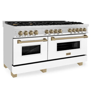 ZLINE - Autograph Edition 60 in. 7.4 cu. ft. Legacy Dual Fuel Range with 9 Burner Gas Cooktop and 2 Electric Convection Ovens in Stainless Steel with White Matte Doors and Champagne Bronze Accents
