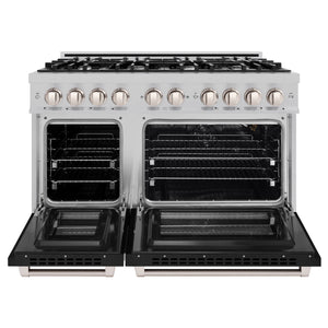 ZLINE - 48 in. 6.7 cu. ft. Select Double Oven Gas Range with 8 Burner Cooktop in Satin Stainless Steel with Black Matte Doors