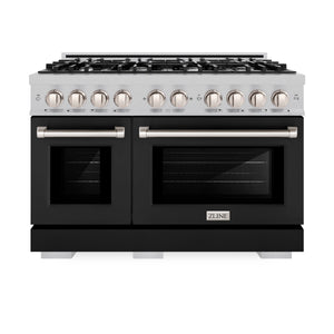 ZLINE - 48 in. 6.7 cu. ft. Select Double Oven Gas Range with 8 Burner Cooktop in Satin Stainless Steel with Black Matte Doors