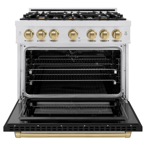 ZLINE - Autograph Edition 36 in. 5.2 cu. ft. Select Dual Fuel Range with 6 Burner Gas Cooktop and Electric Convection Oven in Satin Stainless Steel with Black Matte Door and Champagne Bronze Accents