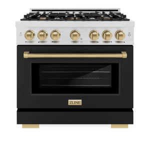 ZLINE - Autograph Edition 36 in. 5.2 cu. ft. Select Dual Fuel Range with 6 Burner Gas Cooktop and Electric Convection Oven in Satin Stainless Steel with Black Matte Door and Champagne Bronze Accents