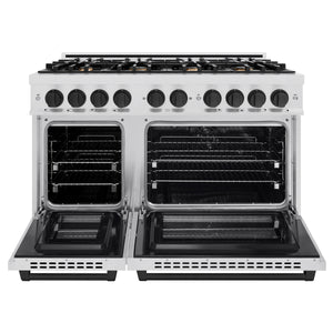 ZLINE - Autograph Edition 48 in. 6.7 cu. ft. Select Double Oven Dual Fuel Range with 8 Burner Gas Cooktop in Satin Stainless Steel and Matte Black Accents