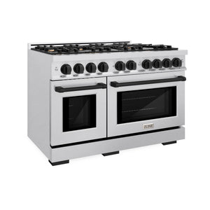 ZLINE - Autograph Edition 48 in. 6.7 cu. ft. Select Double Oven Dual Fuel Range with 8 Burner Gas Cooktop in Satin Stainless Steel and Matte Black Accents