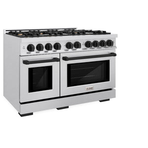 ZLINE - Autograph Edition 48 in. 6.7 cu. ft. Select Double Oven Dual Fuel Range with 8 Burner Gas Cooktop in Satin Stainless Steel and Matte Black Accents