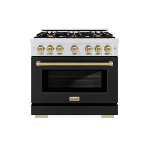 ZLINE - Autograph Edition 36 in. 5.2 cu. ft. Select Gas Range with 6 Burner Cooktop and Convection Gas Oven in Satin Stainless Steel with Black Matte Door and Champagne Bronze Accents