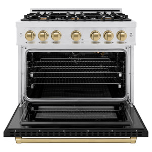 ZLINE - Autograph Edition 36 in. 5.2 cu. ft. Select Gas Range with 6 Burner Cooktop and Convection Gas Oven in Satin Stainless Steel with Black Matte Door and Champagne Bronze Accents