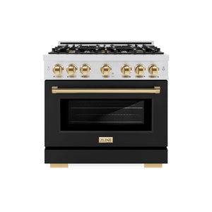 ZLINE - Autograph Edition 36 in. 5.2 cu. ft. Select Dual Fuel Range with 6 Burner Gas Cooktop and Electric Convection Oven in Satin Stainless Steel with Black Matte Door and Polished Gold Accents
