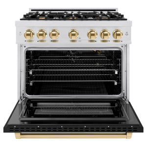 ZLINE - Autograph Edition 36 in. 5.2 cu. ft. Select Gas Range with 6 Burner Cooktop and Convection Gas Oven in Satin Stainless Steel with Black Matte Door and Polished Gold Accents