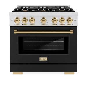 ZLINE - Autograph Edition 36 in. 5.2 cu. ft. Select Gas Range with 6 Burner Cooktop and Convection Gas Oven in Satin Stainless Steel with Black Matte Door and Polished Gold Accents