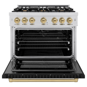 ZLINE - Autograph Edition 36 in. 5.2 cu. ft. Select Dual Fuel Range with 6 Burner Gas Cooktop and Electric Convection Oven in Stainless Steel with Black Matte Door and Champagne Bronze Accents