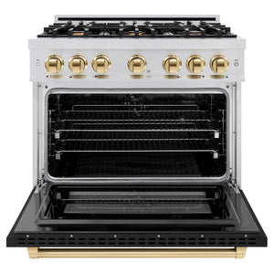 ZLINE - Autograph Edition 36 in. 5.2 cu. ft. Select Dual Fuel Range with 6 Burner Gas Cooktop and Electric Convection Oven in Stainless Steel with Black Matte Door and Polished Gold Accents