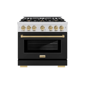 ZLINE - Autograph Edition 36 in. 5.2 cu. ft. Select Gas Range with 6 Burner Cooktop and Convection Gas Oven in Stainless Steel with Black Matte Door and Champagne Bronze Accents