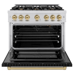ZLINE - Autograph Edition 36 in. 5.2 cu. ft. Select Gas Range with 6 Burner Cooktop and Convection Gas Oven in Stainless Steel with Black Matte Door and Champagne Bronze Accents