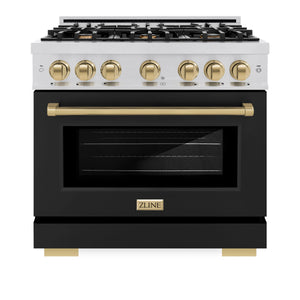 ZLINE - Autograph Edition 36 in. 5.2 cu. ft. Select Gas Range with 6 Burner Cooktop and Convection Gas Oven in Stainless Steel with Black Matte Door and Champagne Bronze Accents