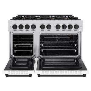 ZLINE - Autograph Edition 48 in. 6.7 cu. ft. Select Double Oven Gas Range with 8 Burner Cooktop in Stainless Steel with White Matte Doors and Matte Black Accents