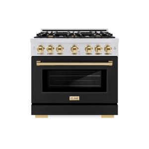 ZLINE - Autograph Edition 36 in. 5.2 cu. ft. Select Gas Range with 6 Burner Cooktop and Convection Gas Oven in Stainless Steel with Black Matte Door and Polished Gold Accents