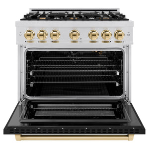ZLINE - Autograph Edition 36 in. 5.2 cu. ft. Select Gas Range with 6 Burner Cooktop and Convection Gas Oven in Stainless Steel with Black Matte Door and Polished Gold Accents