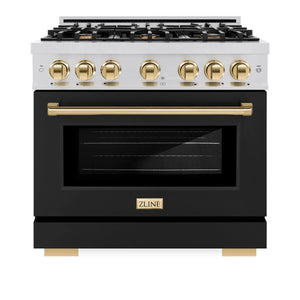 ZLINE - Autograph Edition 36 in. 5.2 cu. ft. Select Gas Range with 6 Burner Cooktop and Convection Gas Oven in Stainless Steel with Black Matte Door and Polished Gold Accents
