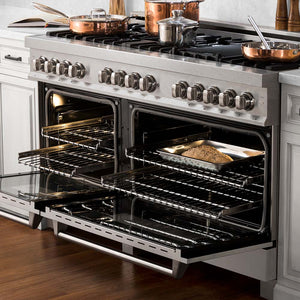 ZLINE - 60 in. 7.4 cu. ft. Legacy Dual Fuel Range with Gas Cooktop and 2 Electric Convection Ovens in Satin Stainless Steel with 8 Brass Burners