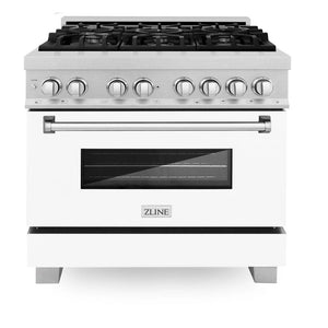 ZLINE - 36 in. Kitchen Package with Satin Stainless Steel Dual Fuel Range with White Matte Door and Convertible Vent Range Hood