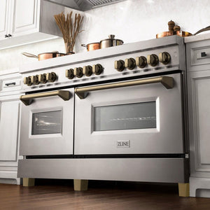 ZLINE - Autograph Edition 60 in. 7.4 cu. ft. Legacy Dual Fuel Range with 9 Burner Gas Cooktop and 2 Electric Convection Ovens in Stainless Steel and Champagne Bronze Accents