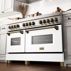ZLINE - Autograph Edition 60 in. 7.4 cu. ft. Legacy Dual Fuel Range with 9 Burner Gas Cooktop and 2 Electric Convection Ovens in Stainless Steel with White Matte Doors and Champagne Bronze Accents