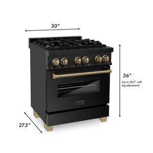 ZLINE - 30" Autograph Edition Kitchen Package with Black Stainless Steel Dual Fuel Range and Range Hood with Champagne Bronze Accents