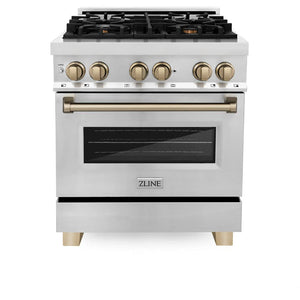 ZLINE - Autograph Edition 30 in. 4.0 cu. ft. Legacy Dual Fuel Range with 4 Burner Gas Cooktop and Electric Convection Oven in Stainless Steel and Champagne Bronze Accents
