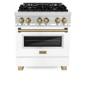 ZLINE - Autograph Edition 30 in. 4.0 cu. ft. Legacy Dual Fuel Range with 4 Burner Gas Cooktop and Electric Convection Oven in Stainless Steel with White Matte Door and Champagne Bronze Accents