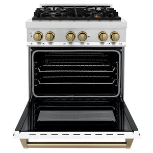 ZLINE - Autograph Edition 30 in. 4.0 cu. ft. Legacy Dual Fuel Range with 4 Burner Gas Cooktop and Electric Convection Oven in Stainless Steel with White Matte Door and Champagne Bronze Accents