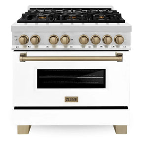 ZLINE - Autograph Edition 36 in. 4.6 cu. ft. Legacy Dual Fuel Range with 6 Burner Gas Cooktop and Electric Convection Oven in Stainless Steel with White Matte Door and Champagne Bronze Accents