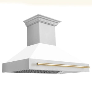 ZLINE - 48" Autograph Edition Kitchen Package with Stainless Steel Dual Fuel Range with White Matte Door and Range Hood with Gold Accents