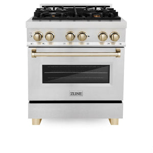 ZLINE - Autograph Edition 30 in. 4.0 cu. ft. Legacy Dual Fuel Range with 4 Burner Gas Cooktop and Electric Convection Oven in Satin Stainless Steel and Polished Gold Accents
