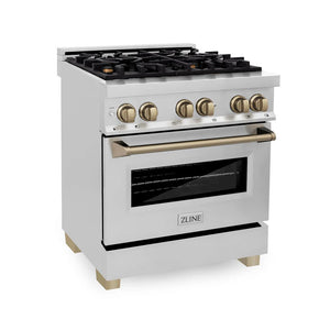 ZLINE - Autograph Edition 30 in. 4.0 cu. ft. Legacy Dual Fuel Range with 4 Burner Gas Cooktop and Electric Convection Oven in Stainless Steel and Champagne Bronze Accents
