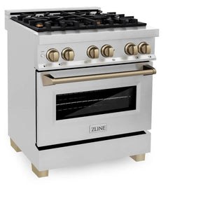 ZLINE - Autograph Edition 30 in. 4.0 cu. ft. Legacy Dual Fuel Range with 4 Burner Gas Cooktop and Electric Convection Oven in Stainless Steel and Champagne Bronze Accents