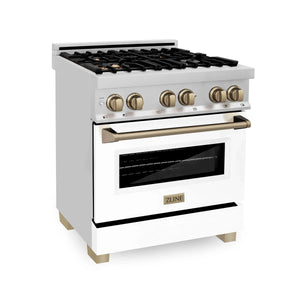 ZLINE - 30 in. Autograph Edition Kitchen Package with Stainless Steel Dual Fuel Range with White Matte Door, Range Hood and Dishwasher with Champagne Bronze Accents