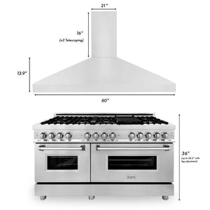 ZLINE - 60" Kitchen Package with Stainless Steel Dual Fuel Range and Convertible Vent Range Hood (2KP-RARH60)