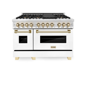 ZLINE - Autograph Edition 48 in. 6.0 cu. ft. Legacy Dual Fuel Range with 7 Burner Gas Cooktop and 2 Electric Ovens in Stainless Steel with White Matte Doors and Polished Gold Accents