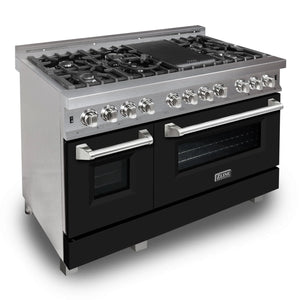 ZLINE - 48 in. 6.0 cu. ft. Legacy Dual Fuel Range with 7 Burner Gas Cooktop and 2 Electric Ovens in Satin Stainless Steel and Black Matte Doors (RAS-BLM-48)