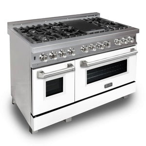 ZLINE - 48 in. Kitchen Package with Satin Stainless Steel Dual Fuel Range with White Matte Door and Convertible Vent Range Hood