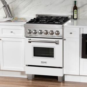 ZLINE - 24 in. 2.8 cu. ft. Legacy Dual Fuel Range with 4 Burner Gas Cooktop and Electric Convection Oven in Satin Stainless Steel and White Matte Door