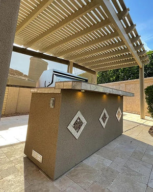 KoKoMo - St. John 7'6" BBQ Island W High Bar on three sides and Lights 4 Burner BBQ Grill